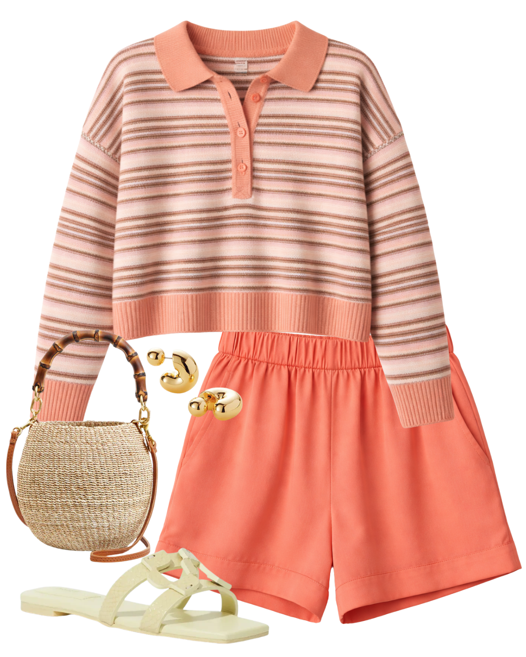 A complete styled outfit consisting of Brynn Pull On Short in Melon, Maddie Cropped Stripe Polo in Melon, Petit Bamboo Handle Pot de Miel, Simkhai Monogram Snake Leather Flat Slide, Tome Hoops Medium in High Polish Gold — Shop The Look — AMY Atelier