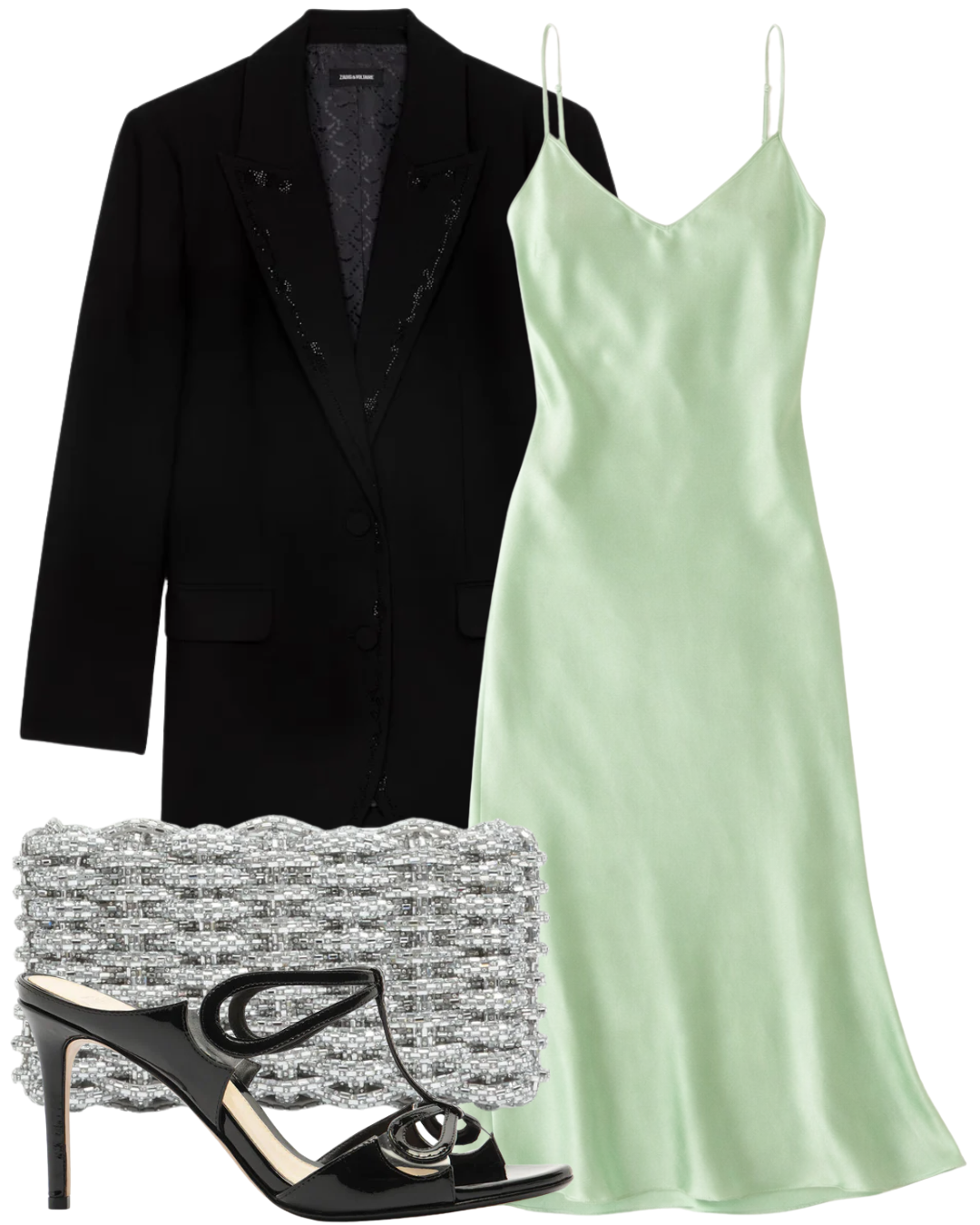 A complete styled outfit consisting of Malu 85 Black Heel, Viva Strass Line Blazer, Taylor V-Neck Bias Dress in Lime, Morgan Woven Rhinestone Clutch — Shop The Look — AMY Atelier