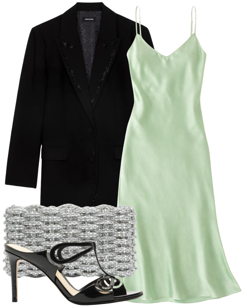 A complete styled outfit consisting of Malu 85 Black Heel, Viva Strass Line Blazer, Taylor V-Neck Bias Dress in Lime, Morgan Woven Rhinestone Clutch — Shop The Look — AMY Atelier