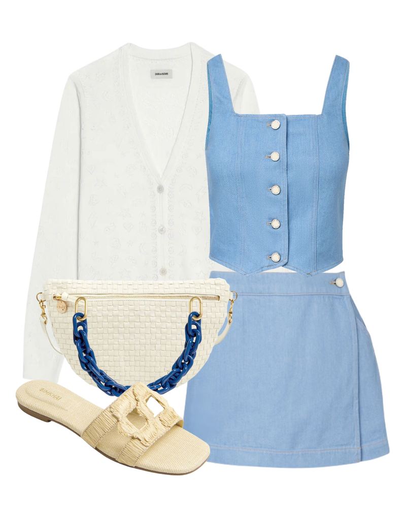 A complete styled outfit consisting of Manala Bandana Pointelle Cardigan, Spensley Denim Vest, Phineas Denim Skort, Cream Woven Checker Grande Fanny, French Blue Resin Shortie Strap, Simkhai Monogram Raffia Flat Slide — Shop The Look — AMY Atelier