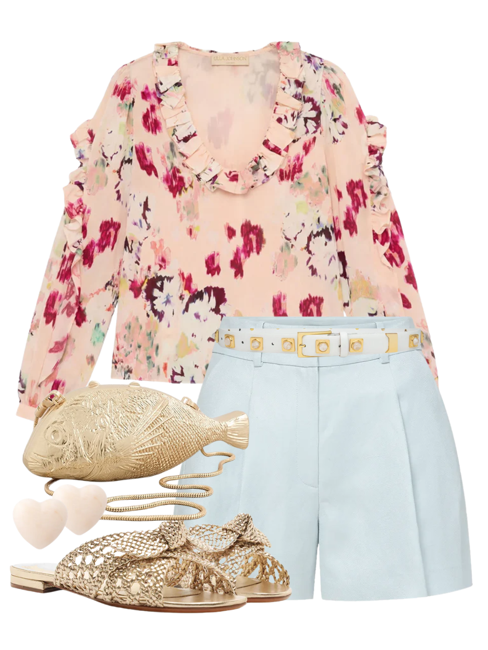 A complete styled outfit consisting of Marguerite Silk Blouse in Summer Garden, Craig Short in River Mist, NO. 2 Belt In Chalk Studded WIth Gold Plated, Belinda Flat Golden Sandal, Splash Metal Clutch, Love Earring in Latte Marble — Shop The Look — AMY Atelier