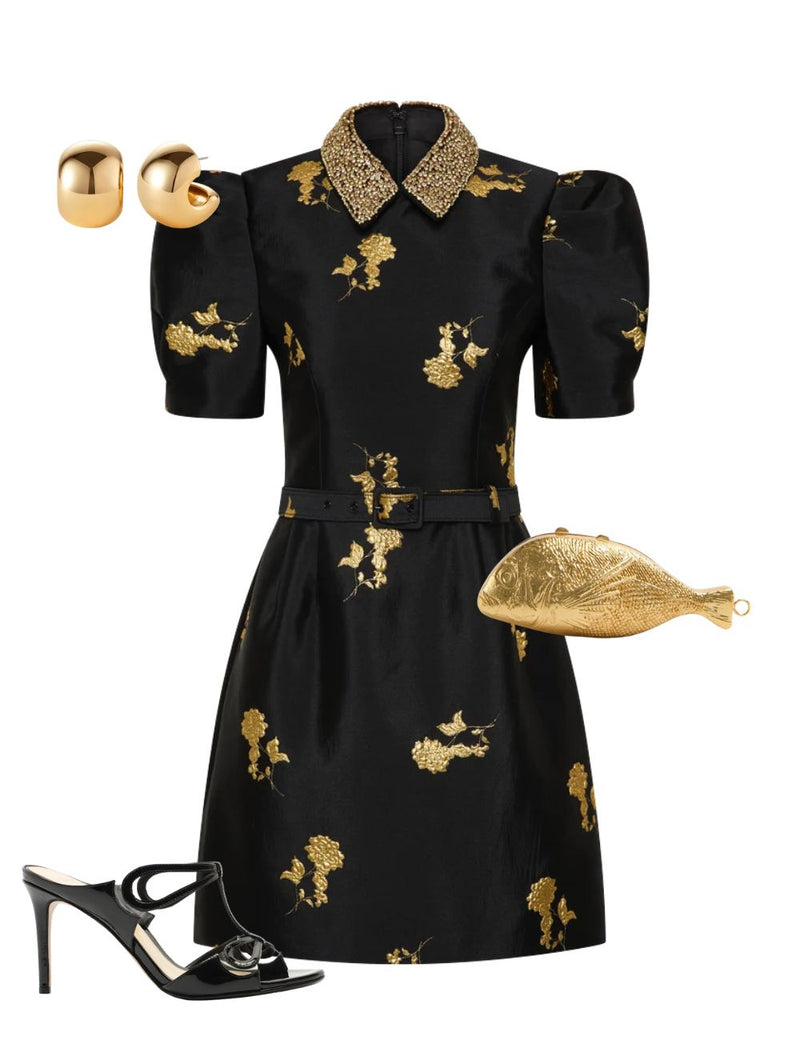 A complete styled outfit consisting of Mariya Mini Dress in Black/Gold, Splash Metal Clutch, Malu 85 Black Heel, Gemma Hoop Earrings — Shop The Look — AMY Atelier