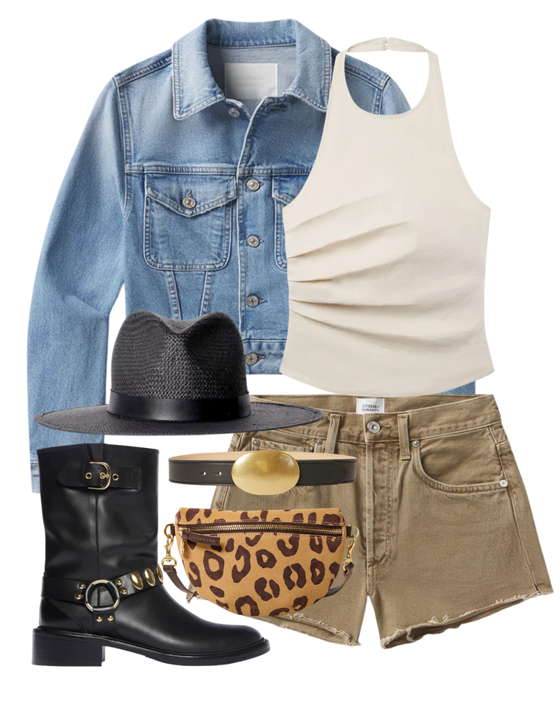 A complete styled outfit consisting of Marlow Vintage Short in Bezal, Charisse Shrunken Jacket in Sparrow, Sylvie Linen Halter Top, Myra Belt in Black Brass, Pablo Cat Suede Petite Fanny, Aeri Moto Boot — Shop The Look — AMY Atelier