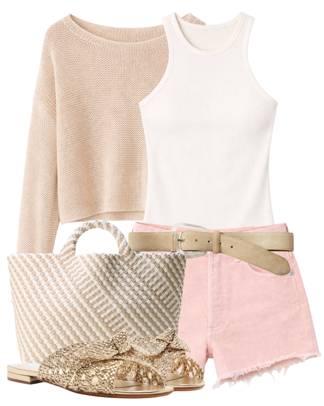 A complete styled outfit consisting of Marlow Vintage Short in Melon Creme, Linen Open Knit Bateau Sweater in Pearl Grey, Cotton Rib Boy Tank in Pearl Grey, Arch Resin-Buckle Suede Belt in Stone Khaki, St. Barths Large Tote Striped Geo in Mykonos, Belinda Flat Golden Sandal — Shop The Look — AMY Atelier