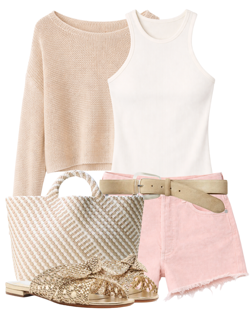A complete styled outfit consisting of Marlow Vintage Short in Melon Creme, Linen Open Knit Bateau Sweater in Pearl Grey, Cotton Rib Boy Tank in Pearl Grey, Arch Resin-Buckle Suede Belt in Stone Khaki, St. Barths Large Tote Striped Geo in Mykonos, Belinda Flat Golden Sandal — Shop The Look — AMY Atelier
