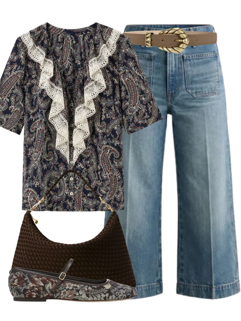 A complete styled outfit consisting of Marlowe Jean With Patch Pockets in Memory Lane, Pamelis Top in Navy Multi, Embella Baby Belt in Moka, Porto Medium Half Moon Bag In Chocolate, Ellie Buckle Flat in Espresso Multi — Shop The Look — AMY Atelier
