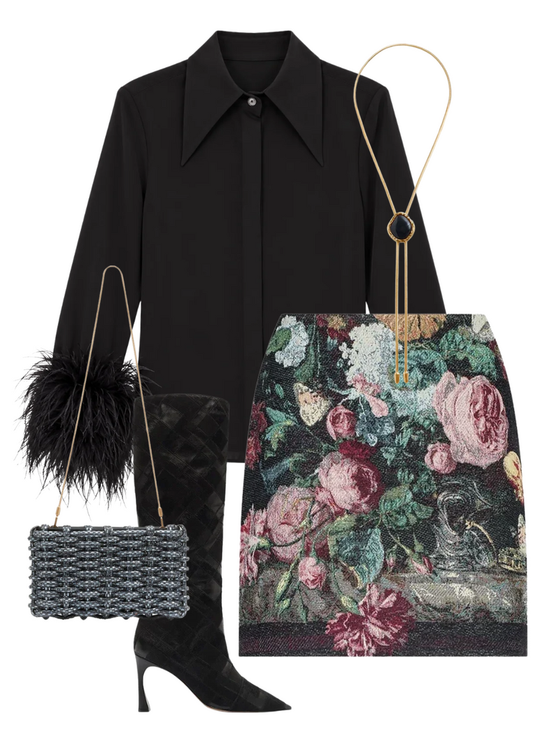 A complete styled outfit consisting of Button Down Blouse with Feather Cuffs in Black, Marseille Mini Skirt in Black Multi Rose Vase Tapesty, Morgan Clutch in Black, Annelise Boot 85 in Black, The Lola Bolo with Onyx — Shop The Look — AMY Atelier