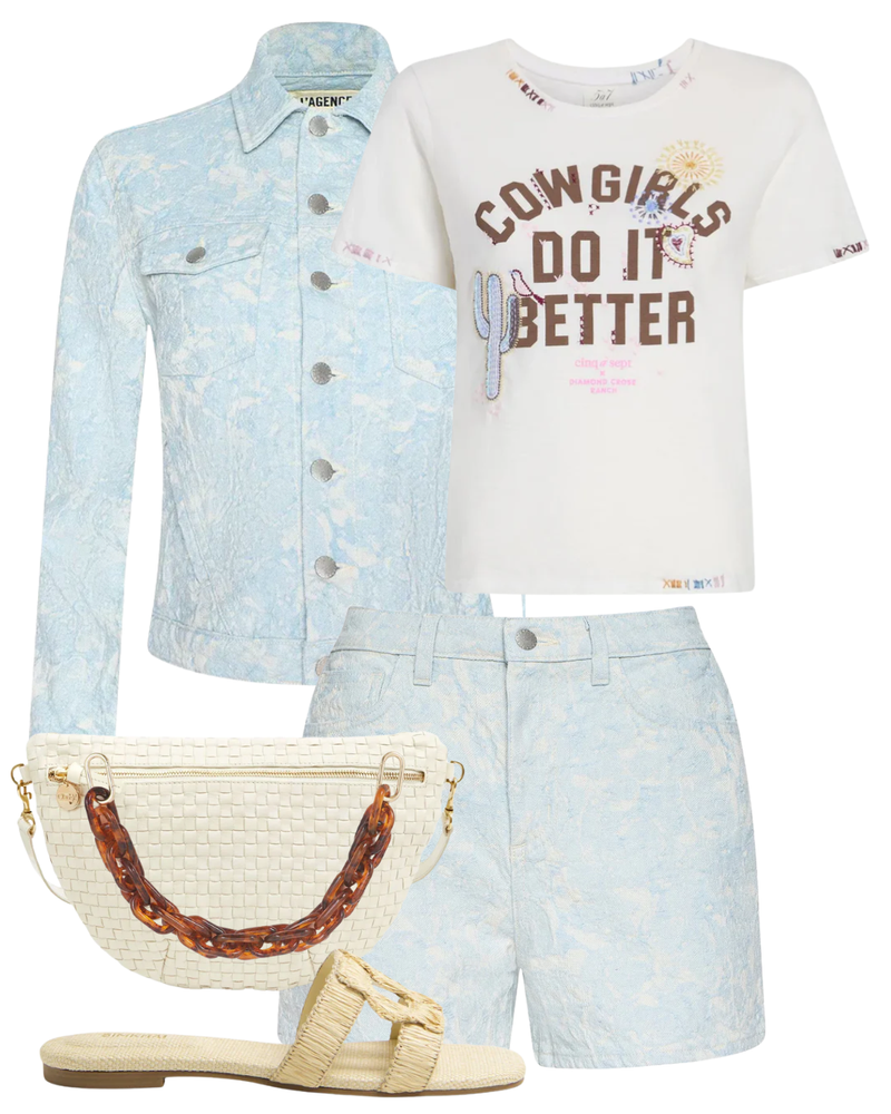 A complete styled outfit consisting of Lissania Jacquard Short, Maven Slim Jacquard Jacket, Bespoke Cowgirls Do It Better Shrunken Tee, Tortoise Resin Shortie Strap, Cream Woven Checker Grande Fanny, Simkhai Monogram Raffia Flat Slide — Shop The Look — AMY Atelier