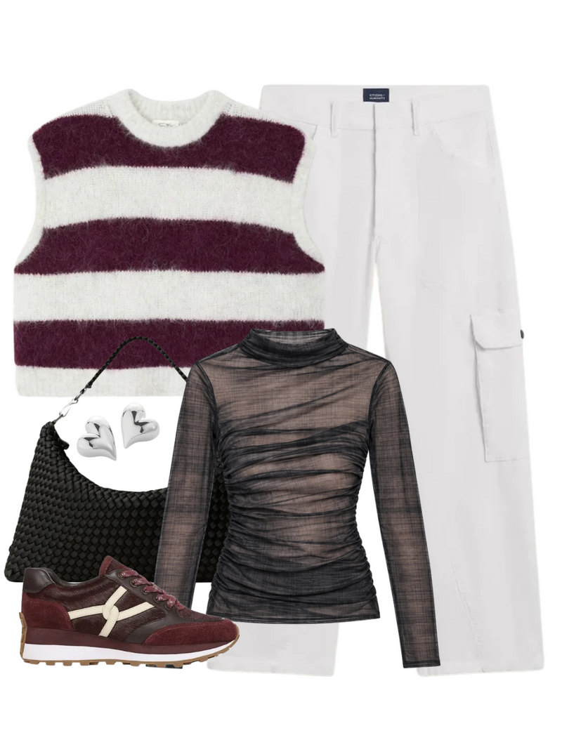 A complete styled outfit consisting of Thassos Twisted Seam Utility Pant in Corduroy in Pashmina, Niby Vest in Rayures Cranberry, Mesh Long Sleeve Twist Top in Shadow Plaid, Valentina Sneaker in Burgundy, Porto Medium Half-Moon Bag in Onyx, Art Heart Symmetrical Button Earrings in High Polish Silver — Shop The Look — AMY Atelier