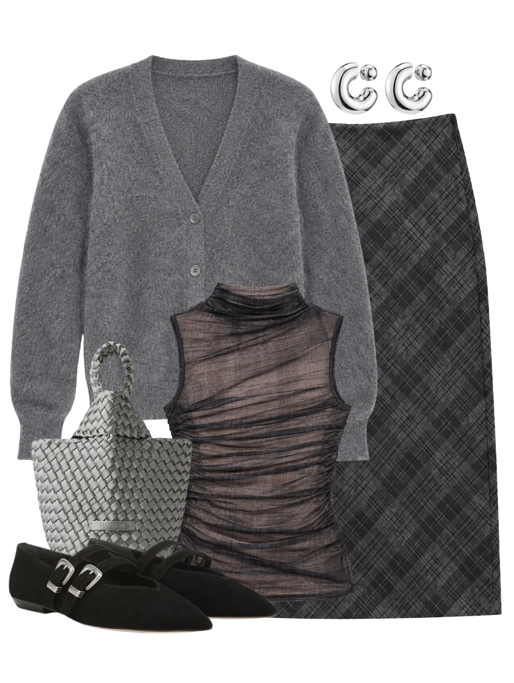A complete styled outfit consisting of Mesh Sleeveless Twist Top in Shadow Plaid, Mink Wash Cashmere Easy Cardigan in Pewter, Bias Minimal Skirt in Charcoal Plaid, Kyoto Clutch Satin in Graphite, Bancroft Buckles Shoe In Black, Tome Hoops Medium in High Polish Silver — Shop The Look — AMY Atelier