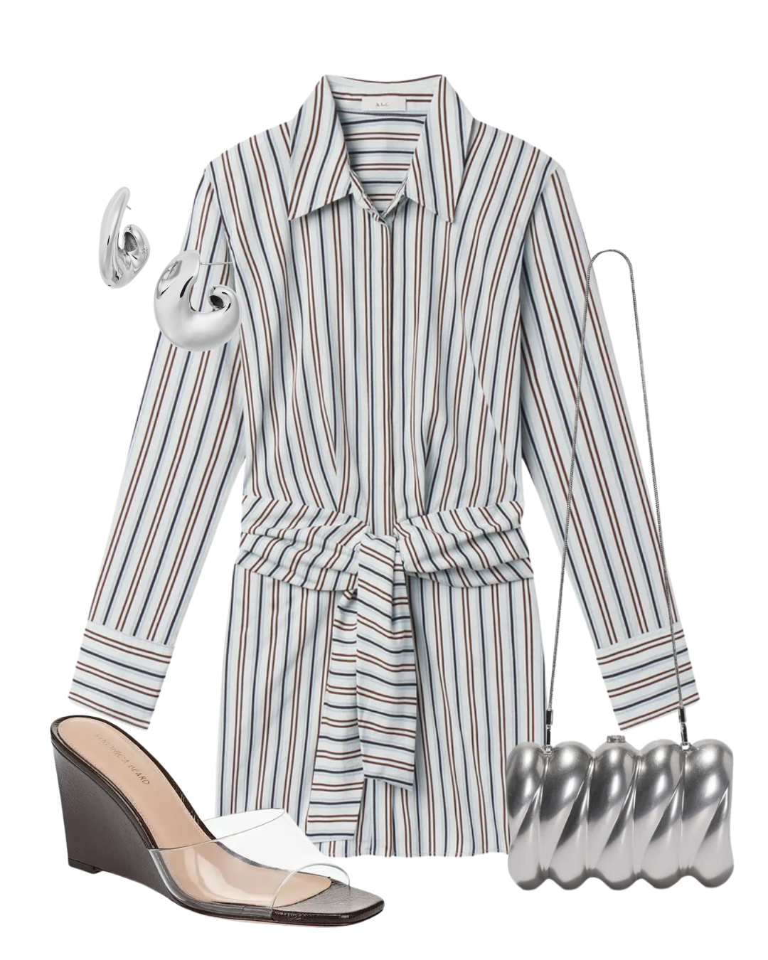 A complete styled outfit consisting of Mia Striped Mini Shirtdress, Reya Silver-Tone Metal Clutch, Asha Wedge Sandal, Gigi Hoop Earrings — Shop The Look — AMY Atelier