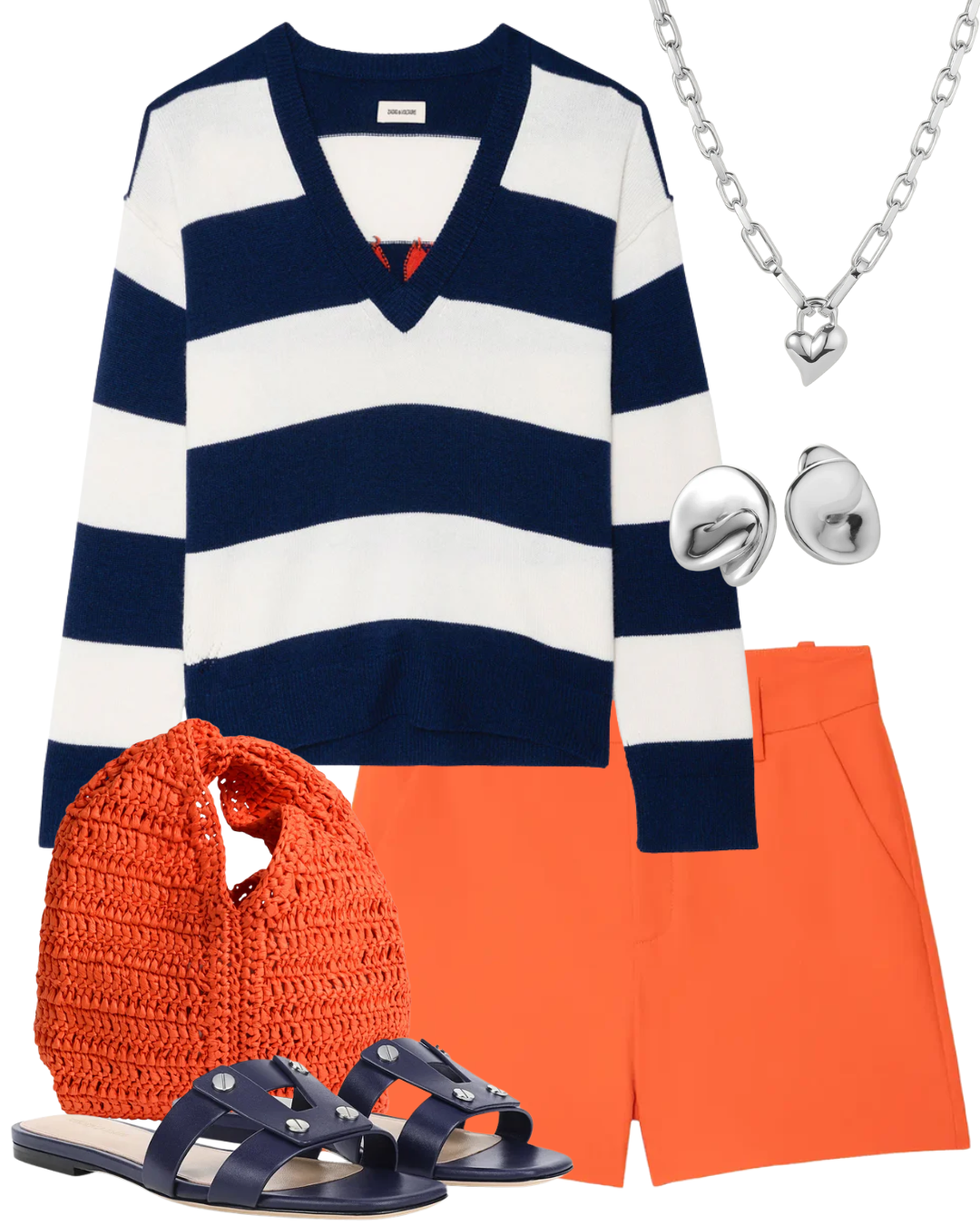 A complete styled outfit consisting of Mikyz Striped V-Neck Sweater, Sidou Tailored Shorts, Simone Raffia Bag in Persimmon, Via Slide Sandal in Navy, Rio Silver Button Earrings, Padlock Heart Silver Pendant Necklace — Shop The Look — AMY Atelier