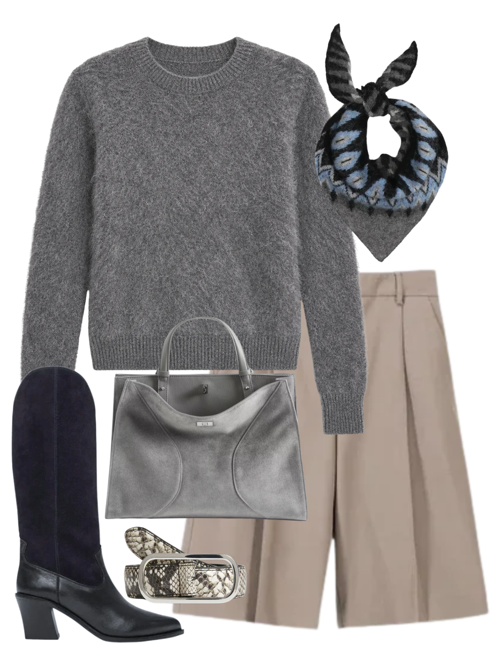 A complete styled outfit consisting of Mink Wash Cashmere Easy Crew in Pewter, Bermuda Pant in Tortora, Snake Embossed Loop Belt in Natural Multi, Jack Suede Bag in Road, Nancie Boot in Navy Suede Combo, Fair Isle Bandana in Nero/Grigio — Shop The Look — AMY Atelier