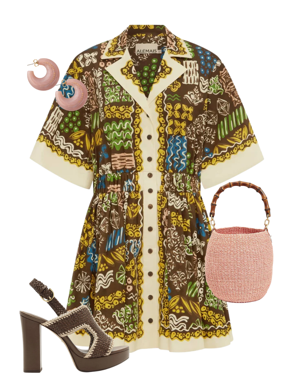 A complete styled outfit consisting of Minnie Mini Dress, Pot de Miel with Bamboo Handle in Blush, Odara 120 Mousse Sandal, Moon Earring in Blush Marble — Shop The Look — AMY Atelier