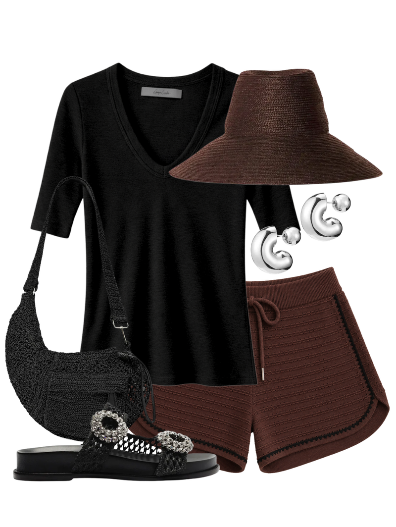 A complete styled outfit consisting of Morden Knit Short in Ironwood, Textured Half Sleeve U Neck Tee in Black, Colette Hat in Chocolate, Pocket Rafia Fanny in Black, Salma Raffia Crystal Flat, Tome Hoops Medium in High Polish Silver — Shop The Look — AMY Atelier