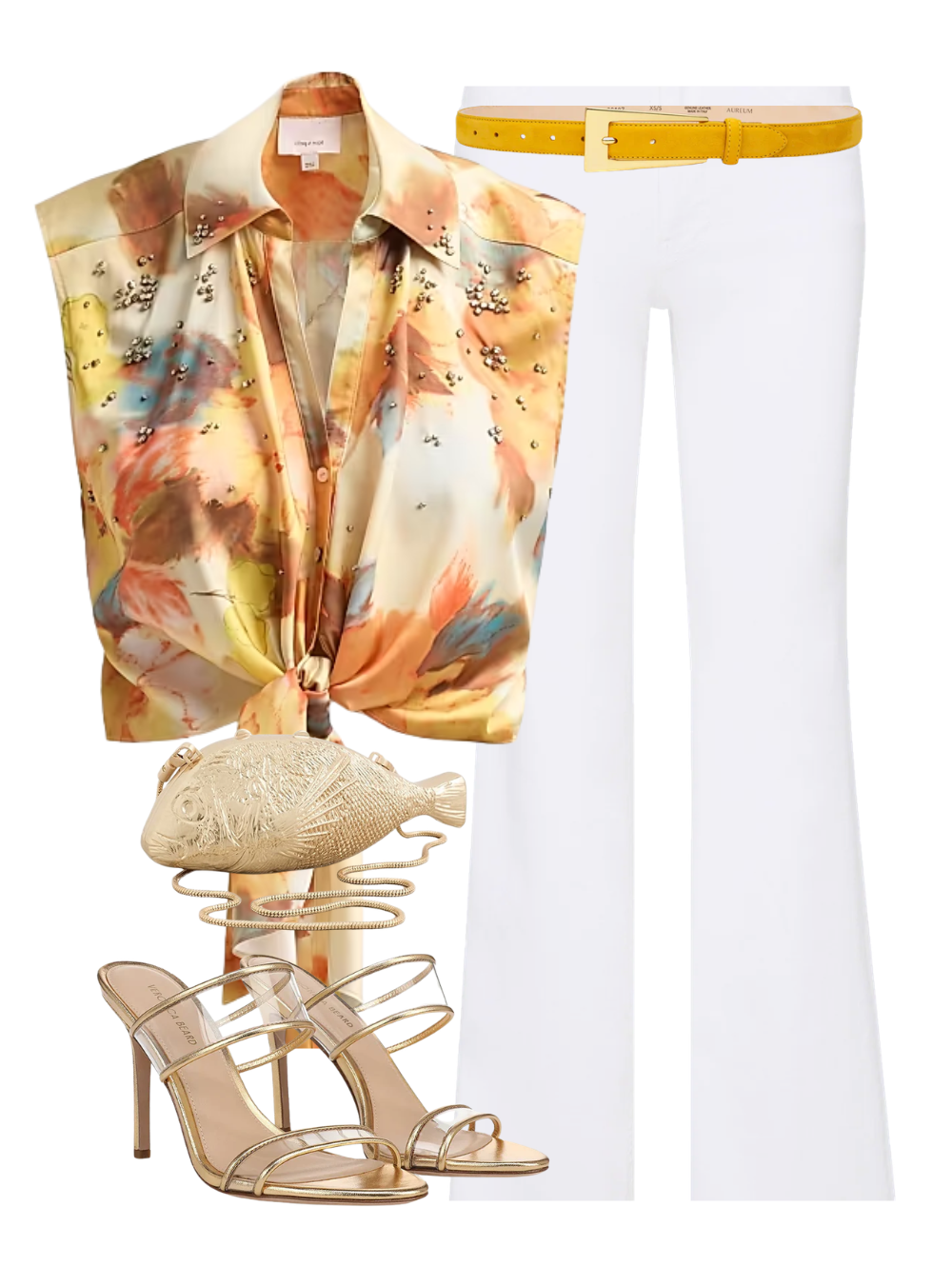 A complete styled outfit consisting of NO. 10 Belt In Mustard With Gold Plated, Crosbie Mid Rise Wide Leg Jean in White, Splash Metal Clutch, Asha Stiletto Sandal — Shop The Look — AMY Atelier