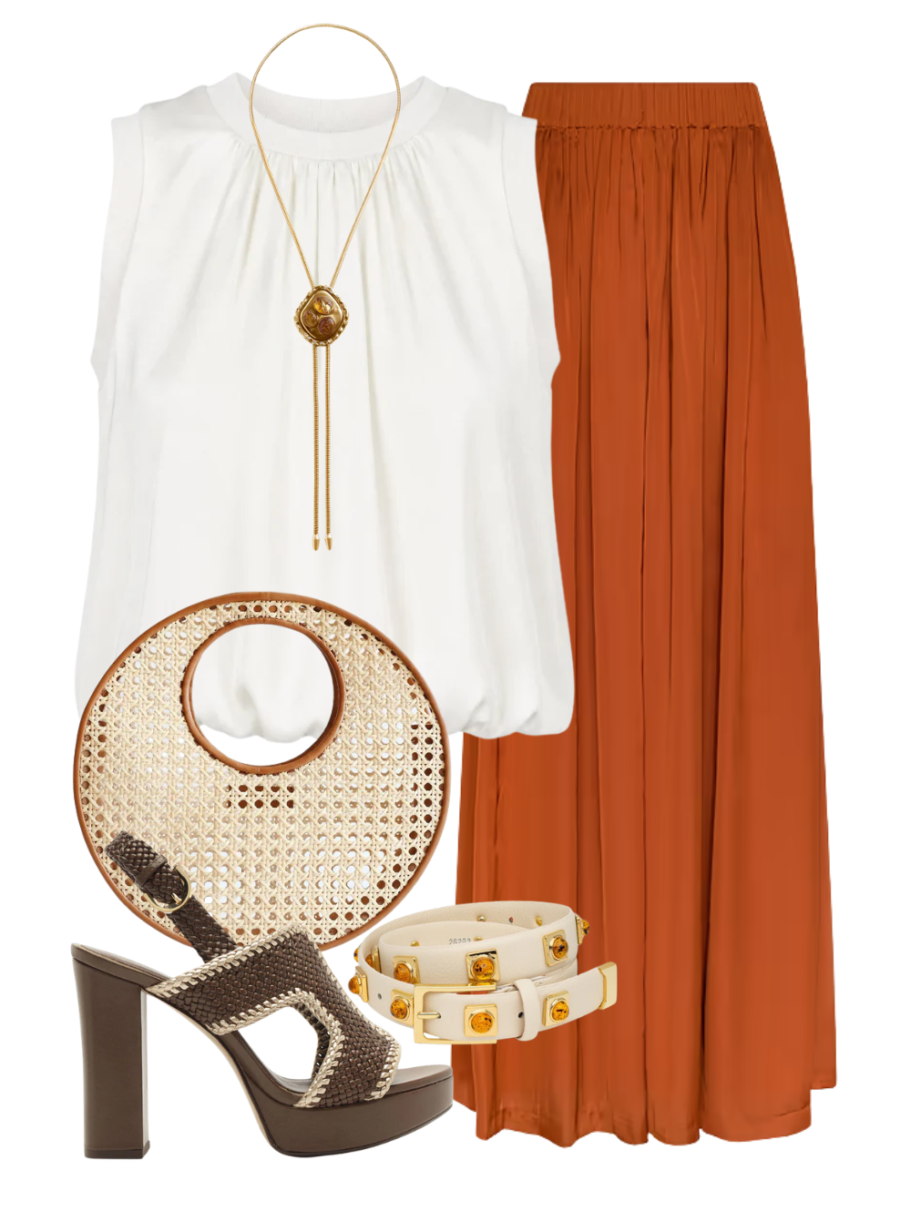 A complete styled outfit consisting of NO. 2 Belt In Linen Studded With Gold Plated, Peia Top in Ivory, Haylo Wide Leg Pull On Pant In Sienna, Anouk Bag In Copper Rattan, Odara 120 Mousse Sandal, The Joanna Bolo with Amber — Shop The Look — AMY Atelier