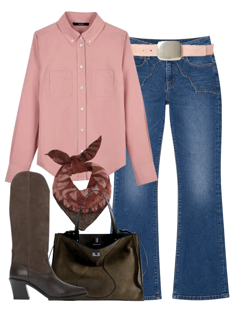 A complete styled outfit consisting of Fair Isle Bandana in Moro/Porpora, Button Down Shirt in Vintage Rose, The Buckle Bunny Hustler Skimp Jean in Cosmic Cowgirl, Leighton Suede Belt in Dusty Rose Silver, Jack Suede Bag in Wood, Nancie Boot in Sable Suede Combo — Shop The Look — AMY Atelier