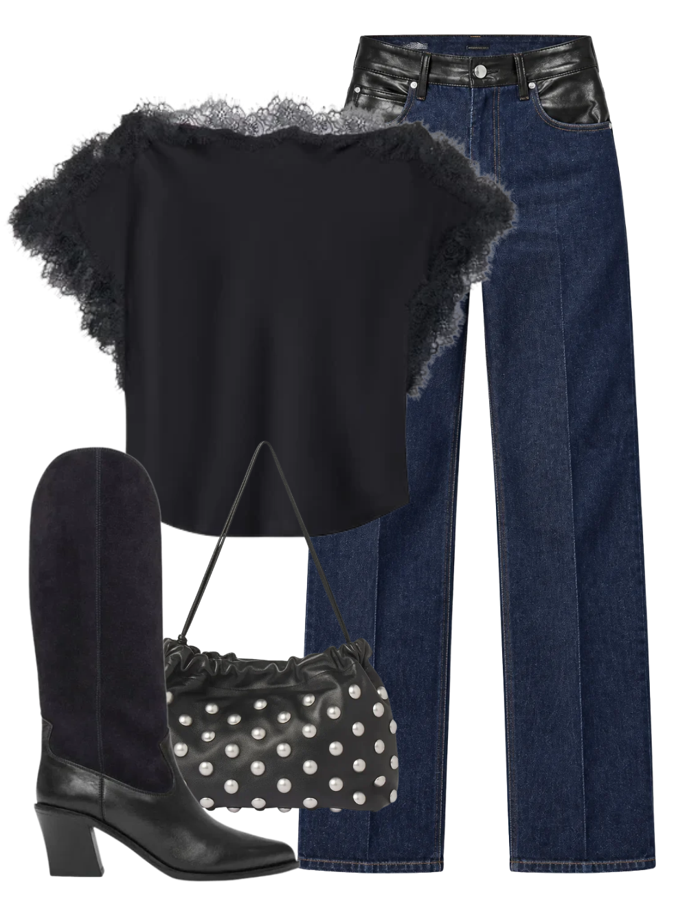 A complete styled outfit consisting of Luna Top in Black, Morgan Jean in Rinse Detox, Arlo Studded Leather Bag, Nancie Boot in Navy Suede Combo — Shop The Look — AMY Atelier