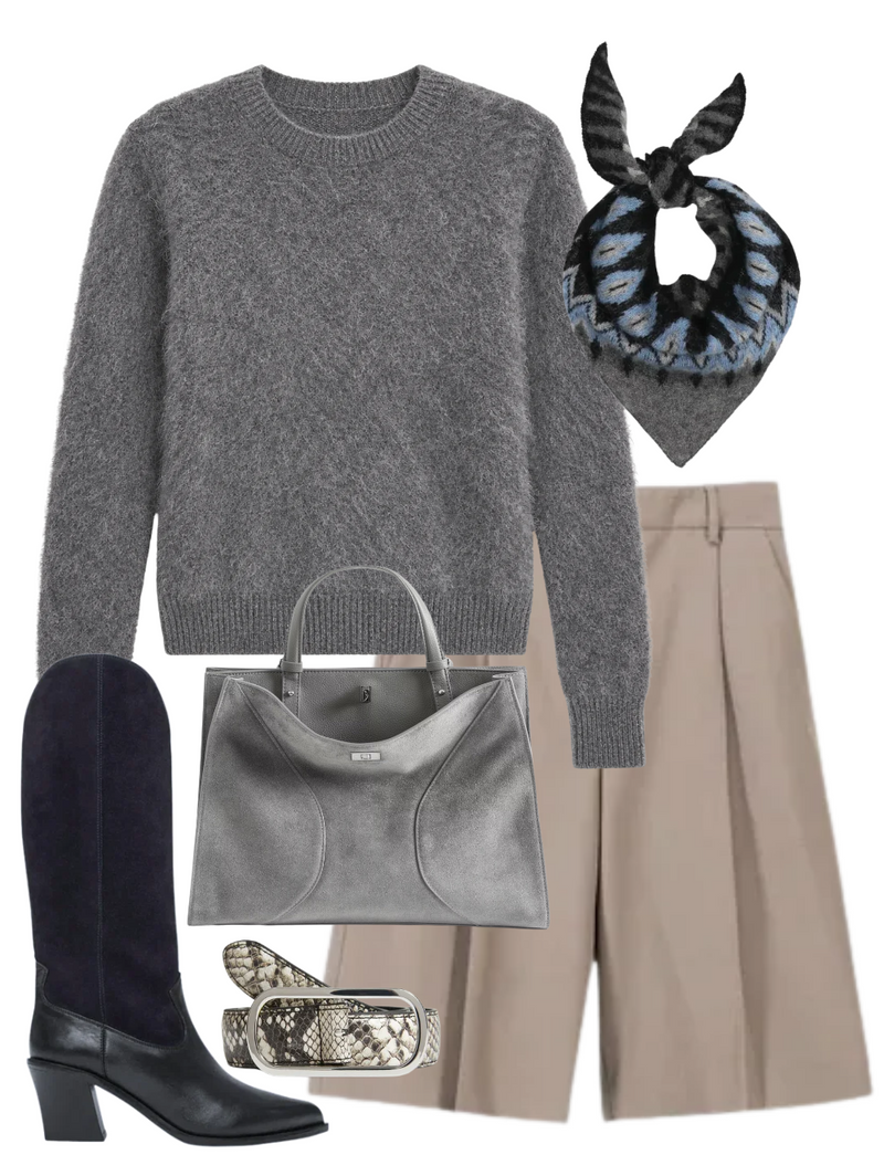 A complete styled outfit consisting of Fair Isle Bandana in Nero/Grigio, Mink Wash Cashmere Easy Crew in Pewter, Bermuda Pant in Tortora, Snake Embossed Loop Belt in Natural Multi, Jack Suede Bag in Road, Nancie Boot in Navy Suede Combo — Shop The Look — AMY Atelier