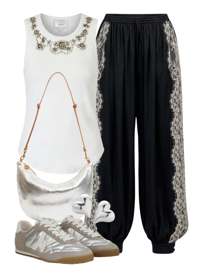A complete styled outfit consisting of Natalia Sneaker in Silver/Grey, Crystal Lattice Lizzie Tank in White, Ronan Pleated Chiffon Pant in Black, Lune Lamba Bag in Silver, Art Heart Symmetrical Button Earrings in High Polish Silver — Shop The Look — AMY Atelier