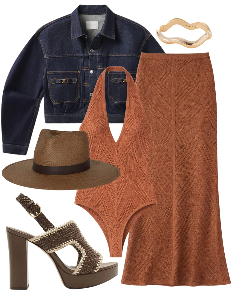 A complete styled outfit consisting of Odara 120 Mousse Sandal, Alma Jacket With Horsebit in Helia, Thalia Knit Bodysuit, Vie Knit Maxi Skirt, Zoe Packable Straw Hat, Ola Bangle in Gold — Shop The Look — AMY Atelier