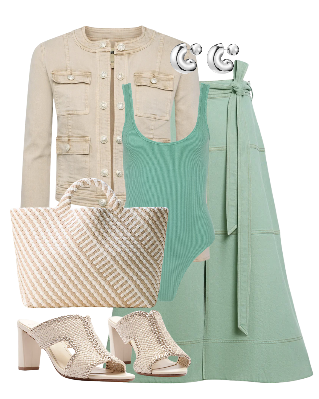 A complete styled outfit consisting of Odara 75 Eggshell Sandal, Nica Scoopneck Bodysuit in Malachite, Hudley Wrap Midi Skirt, St. Barths Large Tote Striped Geo in Mykonos, Tome Hoops Medium in High Polish Silver — Shop The Look — AMY Atelier