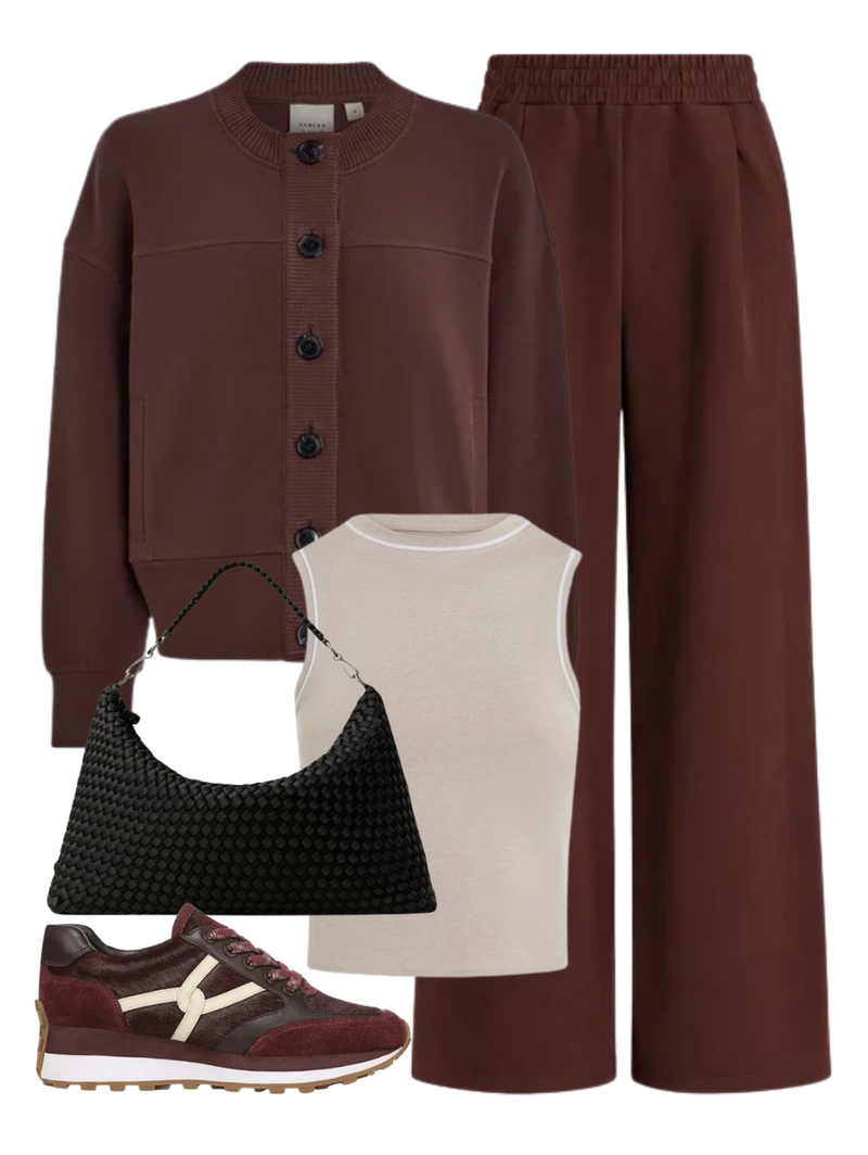 A complete styled outfit consisting of Olwen Button Front Sweat in Deep Mahogany, Lettie Tank in Pebble Marl, The Extra Wide Leg Pant 29.5 In Deep Mahogany, Porto Medium Half-Moon Bag in Onyx, Valentina Sneaker in Burgundy — Shop The Look — AMY Atelier