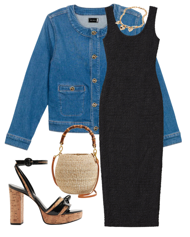 A complete styled outfit consisting of Padlock Triple Heart Pendant Necklace, The Stashed Picky Jacket Whisk Me Away, Dimension Tank Maxi Dress in Black, Petit Bamboo Handle Pot de Miel, Clarita Cork 120 Platform Sandal — Shop The Look — AMY Atelier