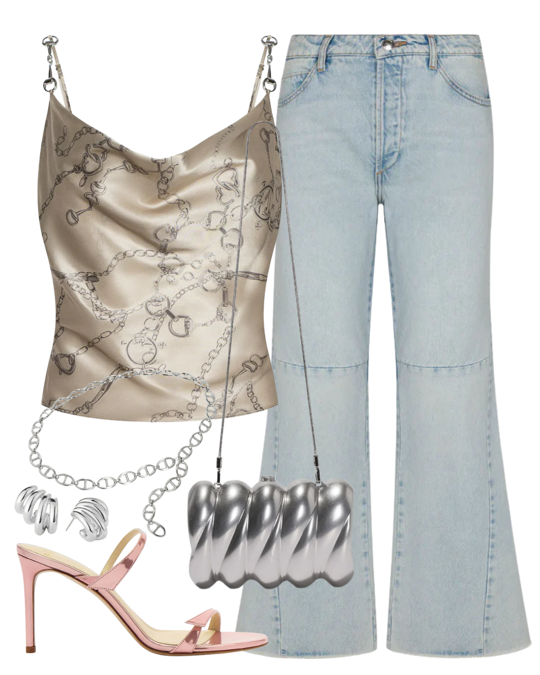 A complete styled outfit consisting of Patch Flare Denim in Farah, Calista Silk Camisole in Soft Macadamia, The Open Link Chain Belt in Silver, Reya Silver-Tone Metal Clutch, Tita 85 Pink Sandal, Monroe Earrings in High Polish Silver — Shop The Look — AMY Atelier