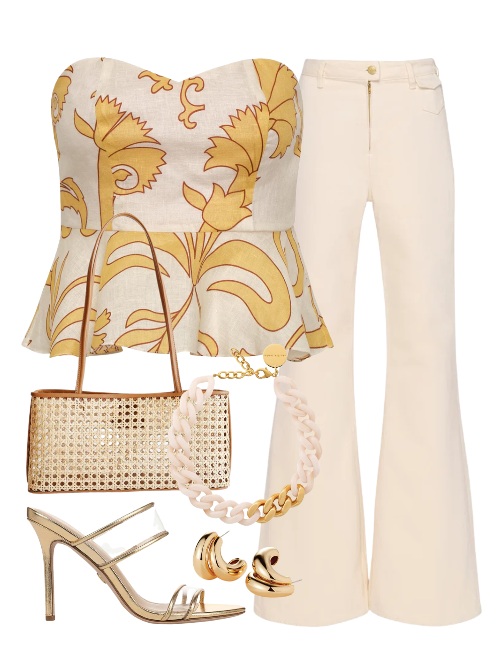 A complete styled outfit consisting of Peplum Linen Top, The Odelia Wide Leg Jean in Cowrie, Anouk Bag In Cream Rattan, Asha Stiletto Sandal, Orla Earrings in High Polish Gold, Flat Chain Necklace with Gold Latte Marble — Shop The Look — AMY Atelier