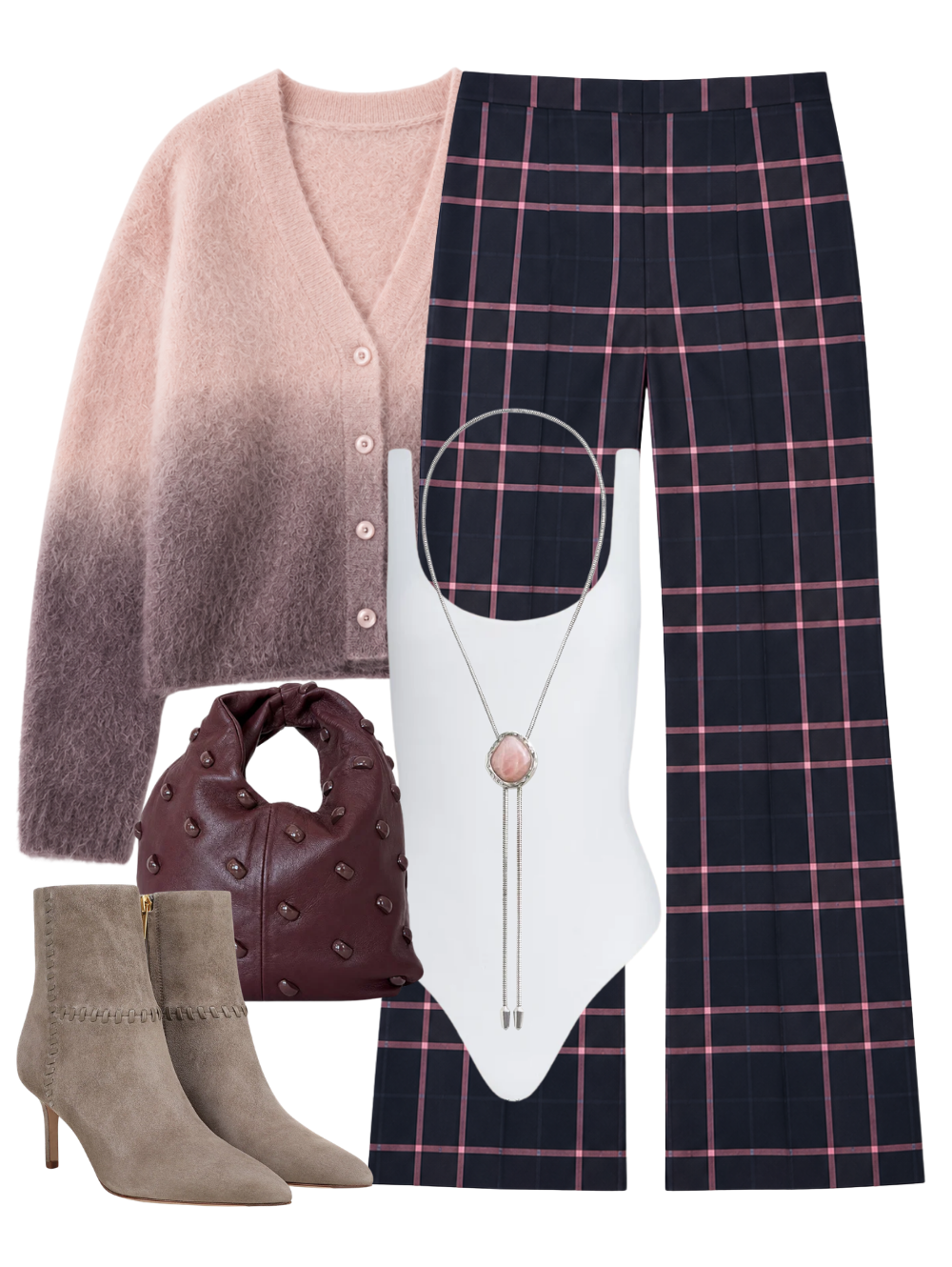 A complete styled outfit consisting of Pintuck Flare Pant in Fig Plaid, Jolie F Cropped Ombre Crewneck in Soft Pink, Kalea Mesh Tank Bodysuit in White, Simone Bag in Syrah, Lisa 70 Whipstitch Boot in Bark, The Lola Bolo with Rose Quartz in Silver — Shop The Look — AMY Atelier