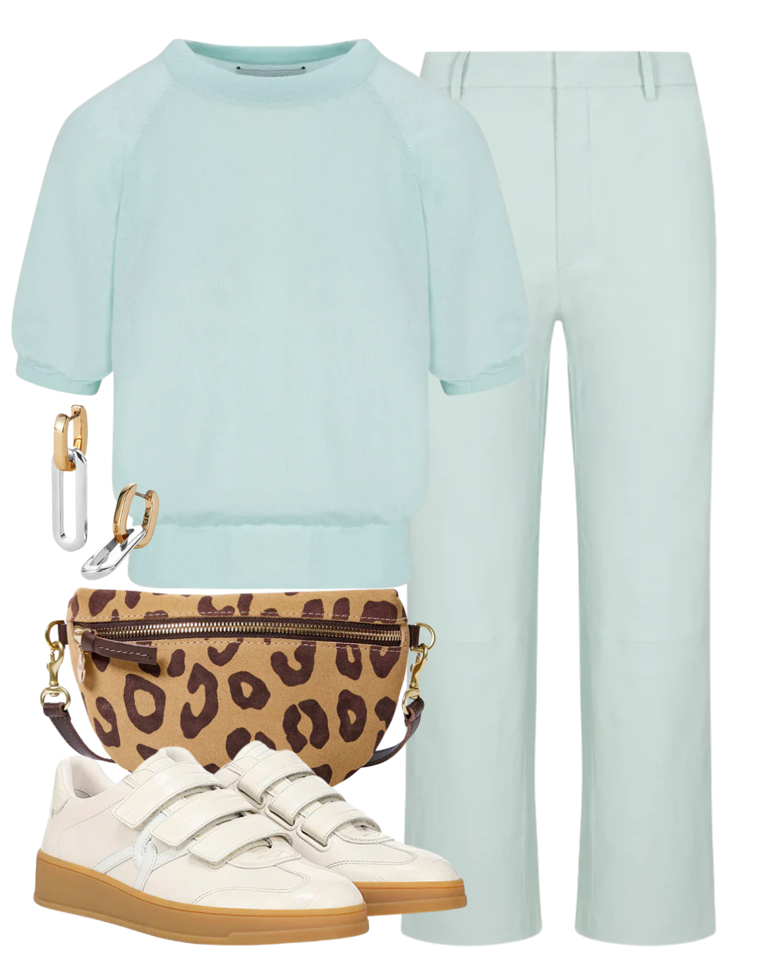 A complete styled outfit consisting of Reagan Velcro Sneaker in Parchment, Cashmere Short Sleeve Raglan Sweater in Ice, Leather Baggy Cropped Trousers, Pablo Cat Suede Petite Fanny, Teeni Detachable Link Earrings — Shop The Look — AMY Atelier