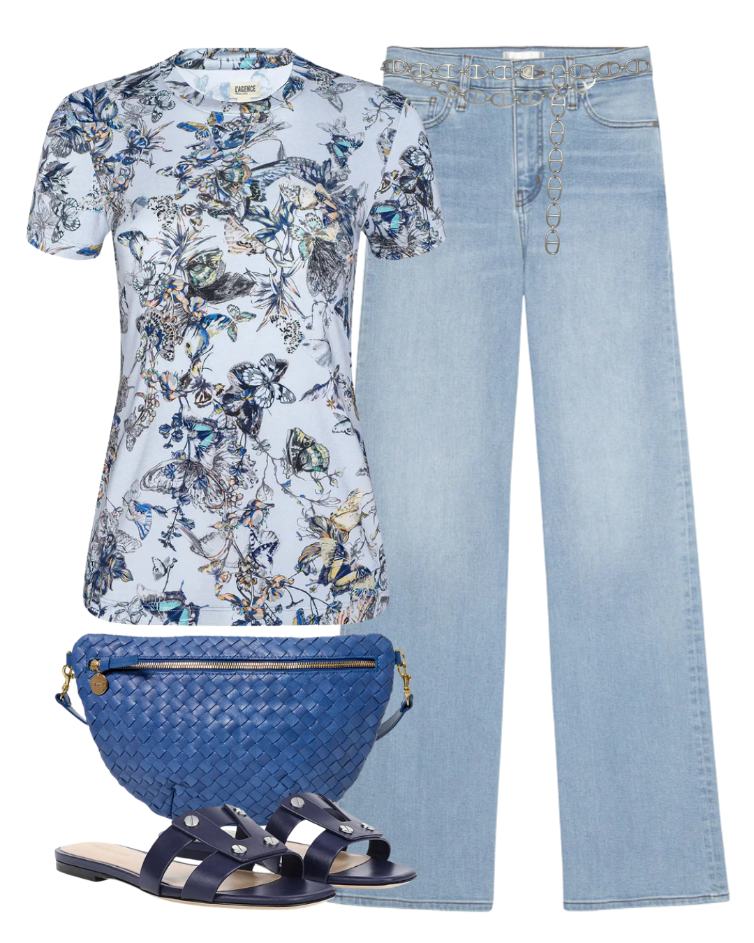 A complete styled outfit consisting of Le Slim Palazzo Jean in Hush Raw After, Ressi Fitted Tee, The Open Link Chain Belt in Silver, French Blue Diagonal Woven Medium Grande Fanny, Via Slide Sandal in Navy — Shop The Look — AMY Atelier