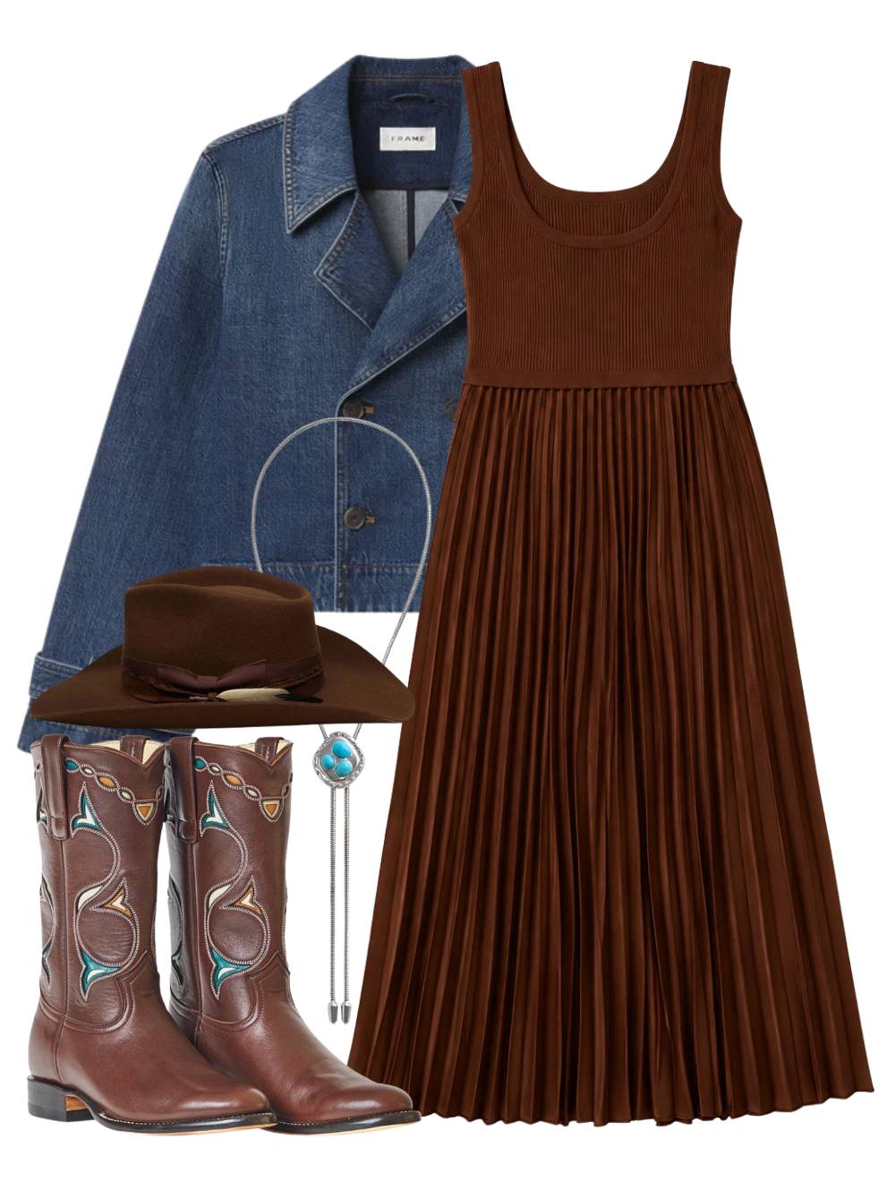 A complete styled outfit consisting of Roper Women's Cowboy Boot in Brown, The Denim Uniform Trench in Girlfriend, Parma Dress in Espresso, Yellowstone Hat in Brown, The Joanna Bolo with Turquoise — Shop The Look — AMY Atelier