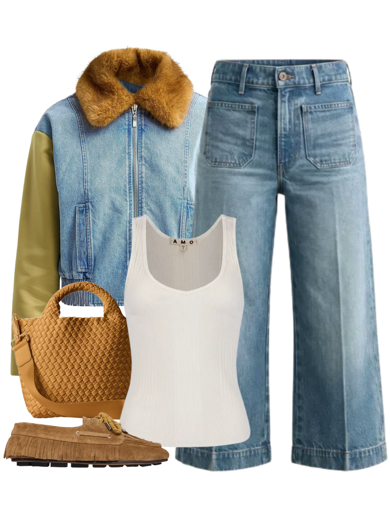 A complete styled outfit consisting of St. Barths Small Tote in Turmeric, Rue Jacket in Cloud Wash, Marlowe Jean With Patch Pockets in Memory Lane, Mae Tank in Bone, Ramona Shoe in Chestnut — Shop The Look — AMY Atelier