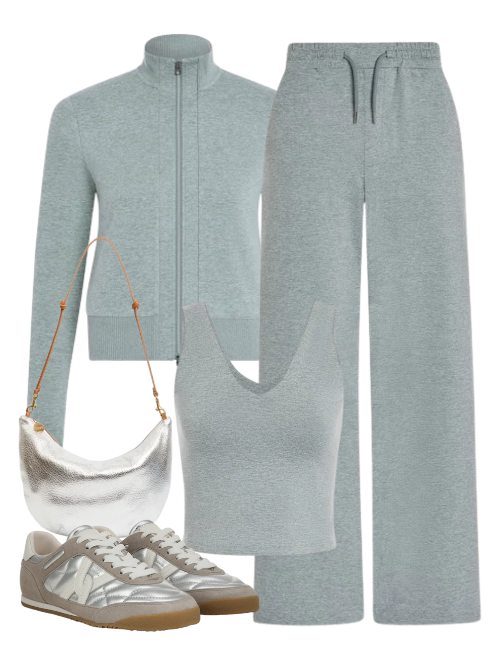 A complete styled outfit consisting of Rufus Cropped Zip Through in Blue Green Marl, Ruby Cropped Tank in Blue Green Marl, The Easy Jogger 30 in Blue Green Marl, Lune Lamba Bag in Silver, Natalia Sneaker in Silver/Grey — Shop The Look — AMY Atelier
