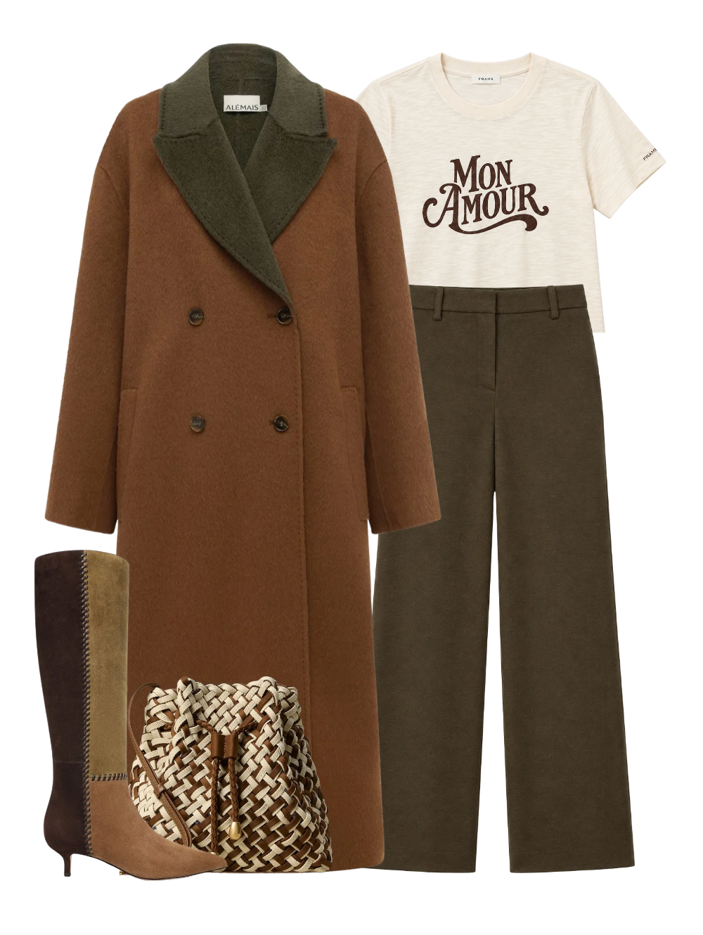 A complete styled outfit consisting of Gramercy Bucket Double Weave in Carmel, Sable Applique Coat, Heatset Mon Amour Shrunken Tee in Gardenia, Tavar Pants in Dark Olive, Lisa 45 Tall Whipstitch Boot in Chestnut/fennel/espresso — Shop The Look — AMY Atelier