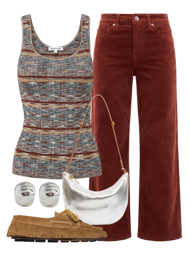 A complete styled outfit consisting of Sandra Tank in Rust Multi, Le Slim Palazzo Corduroy in Wine, Lune Lamba Bag in Silver, Ramona Shoe in Chestnut, Nelle Hoops in High Polish Silver — Shop The Look — AMY Atelier