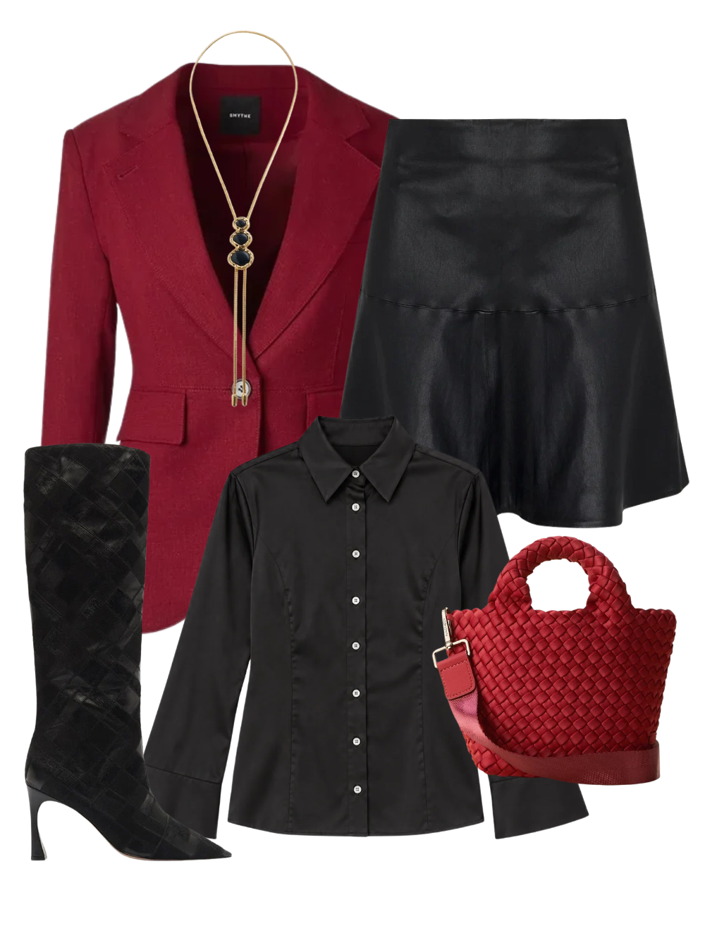 A complete styled outfit consisting of Annelise Boot 85 in Black, Seamed Blazer in Garnet Fleck, Le Petit Petra Top in Black, Jane Skirt in Black, St. Barths Petit Tote in Rosso, The Merriam Bolo with Onyx — Shop The Look — AMY Atelier