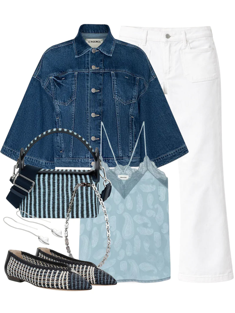 A complete styled outfit consisting of Bancroft Woven Leather Flat in Blue Multi, Silas Cape Jacket in Orwood, Christy Jacquard Silk Camisole, Patch Pocket Mid Rise Maven Ankle Jean in Totally Innocent, The Pastry Box 20 In Blue Stripe, Puffy Heart Threaders in High Polish Silver, Rome Chain in Platinum — Shop The Look — AMY Atelier
