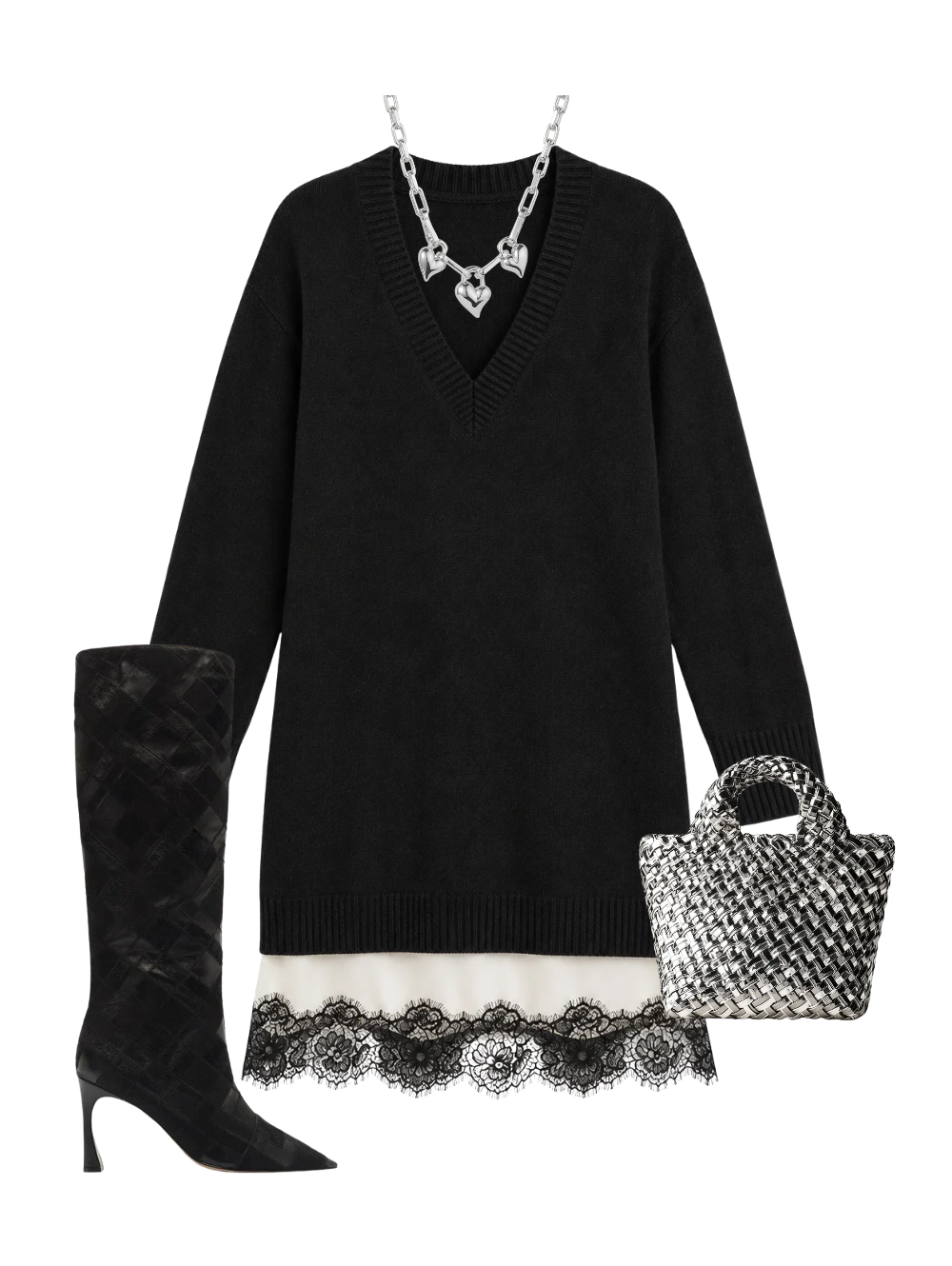 A complete styled outfit consisting of St. Barths Petit Tote Double Weave Metallic in Pewter, Simona Dress in Black/ivory, Annelise Boot 85 in Black, Padlock Triple Heart Pendant Necklace — Shop The Look — AMY Atelier