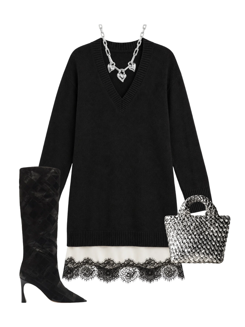 A complete styled outfit consisting of St. Barths Petit Tote Double Weave Metallic in Pewter, Simona Dress in Black/ivory, Annelise Boot 85 in Black, Padlock Triple Heart Pendant Necklace — Shop The Look — AMY Atelier