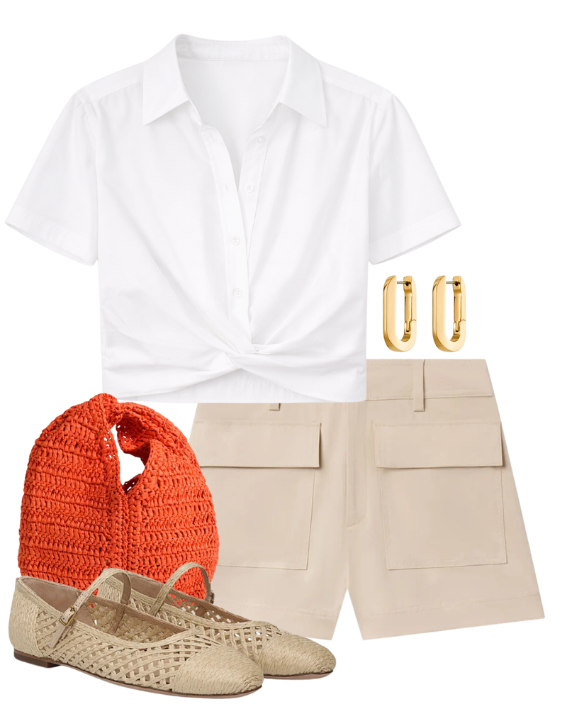 A complete styled outfit consisting of Simone Raffia Bag in Persimmon, Oakley Stretch Cotton Short, Ellie Raffia Mary Jane Flat, U-Link Gold Earrings — Shop The Look — AMY Atelier