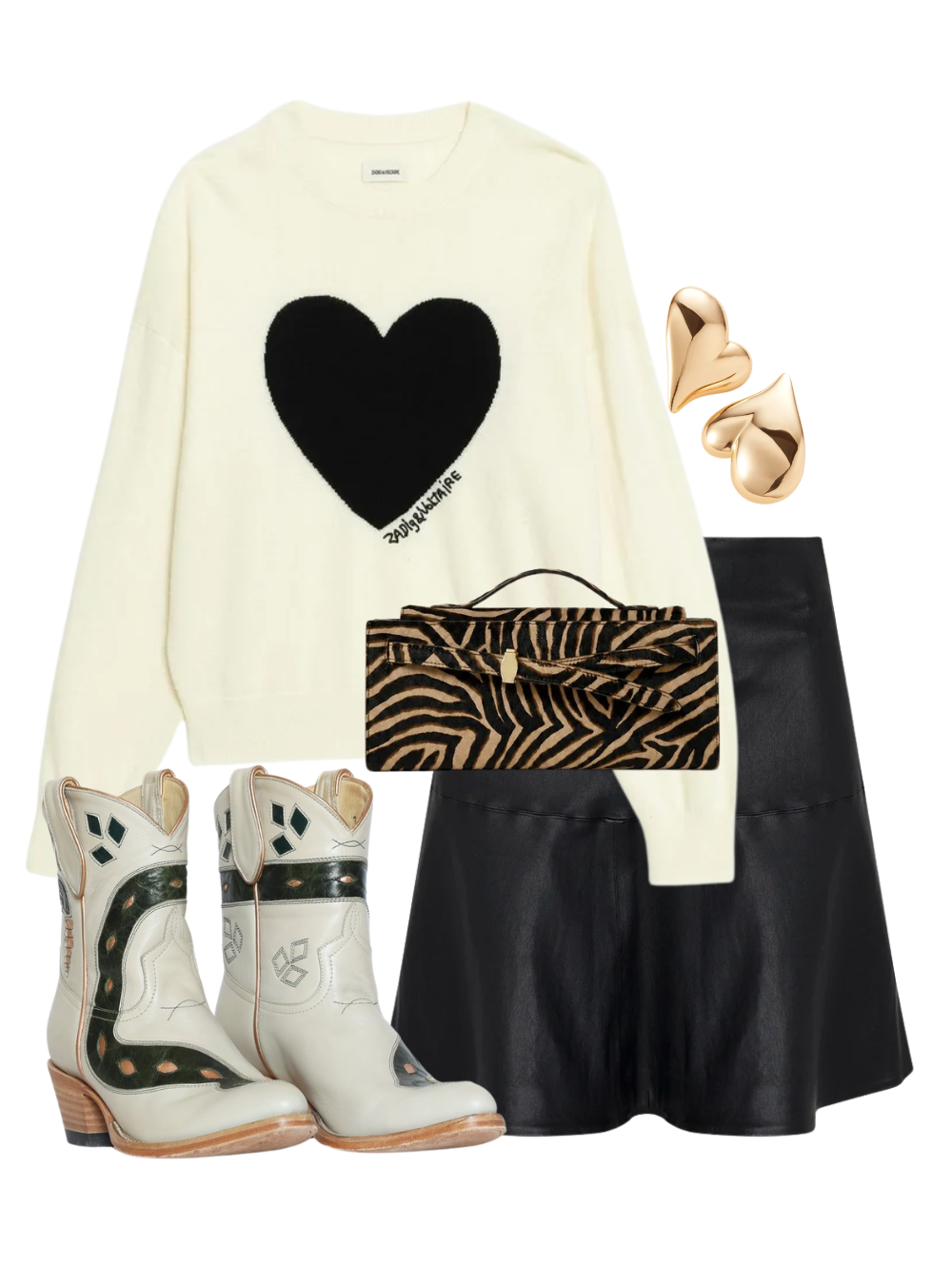 A complete styled outfit consisting of Sneaky Snake Women's Cowboy Boot in Cream, Soulo LC Heart Sweater in Ecru, Jane Skirt in Black, Ziger Veronica Beard Dash Clutch in Tan Multi, Mega Art Heart Button Earrings in High Polish Gold — Shop The Look — AMY Atelier