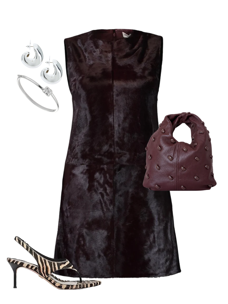 A complete styled outfit consisting of Sonoma Sleeveless Mini Dress in Fig, Simone Bag in Syrah, Talon-2 Heel In Ziger Brown, Gigi Hoop Earrings, Slim Woven Square Bangle in Platinum — Shop The Look — AMY Atelier