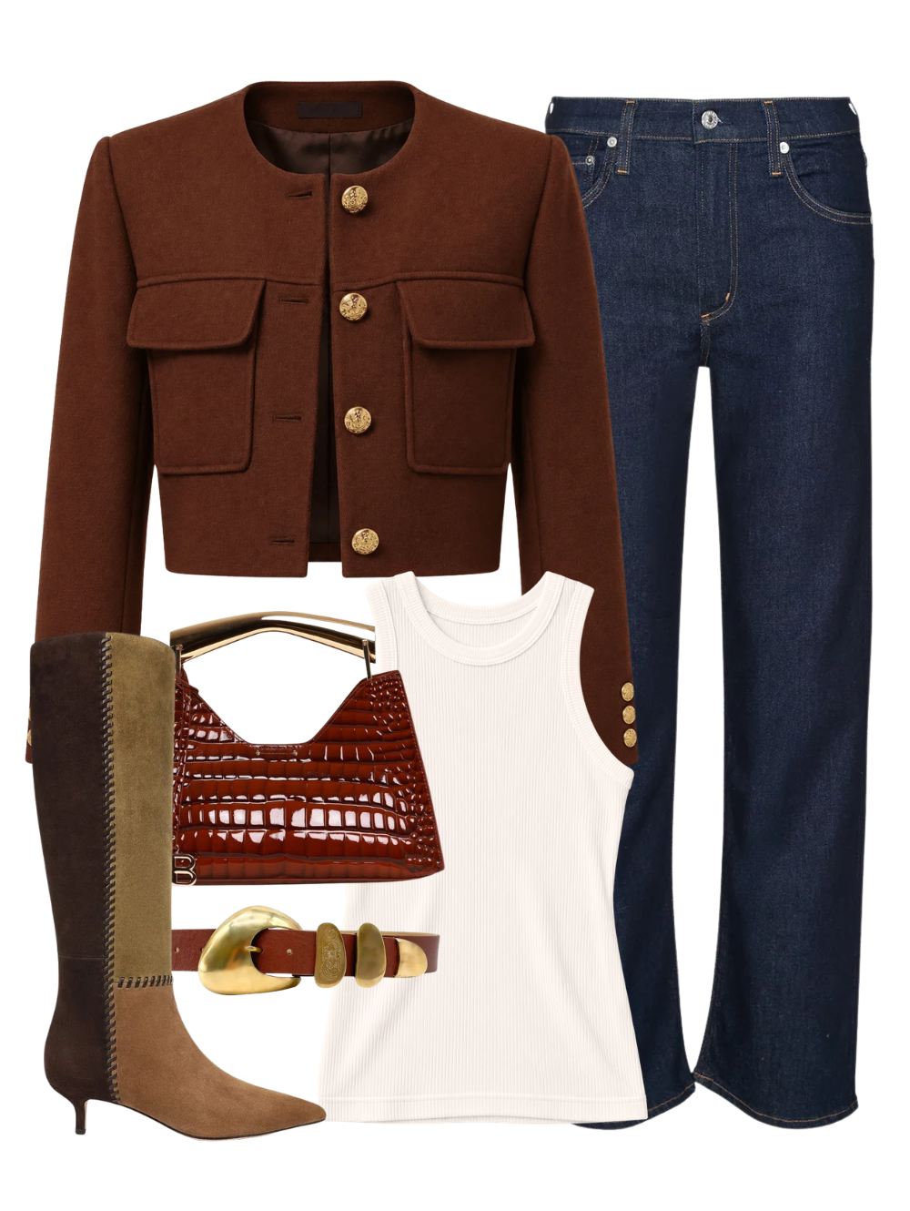 A complete styled outfit consisting of Wila Solid Brass Buckle Belt in Cognac, Lisa 45 Tall Whipstitch Boot in Chestnut/fennel/espresso, Vegan Croc Embossed Poline Mini Bag in Red, Palma Straight Jean in Inky Rinse, Sophia Jacket in Brandy, Andre Shiny Tank in Vapor — Shop The Look — AMY Atelier