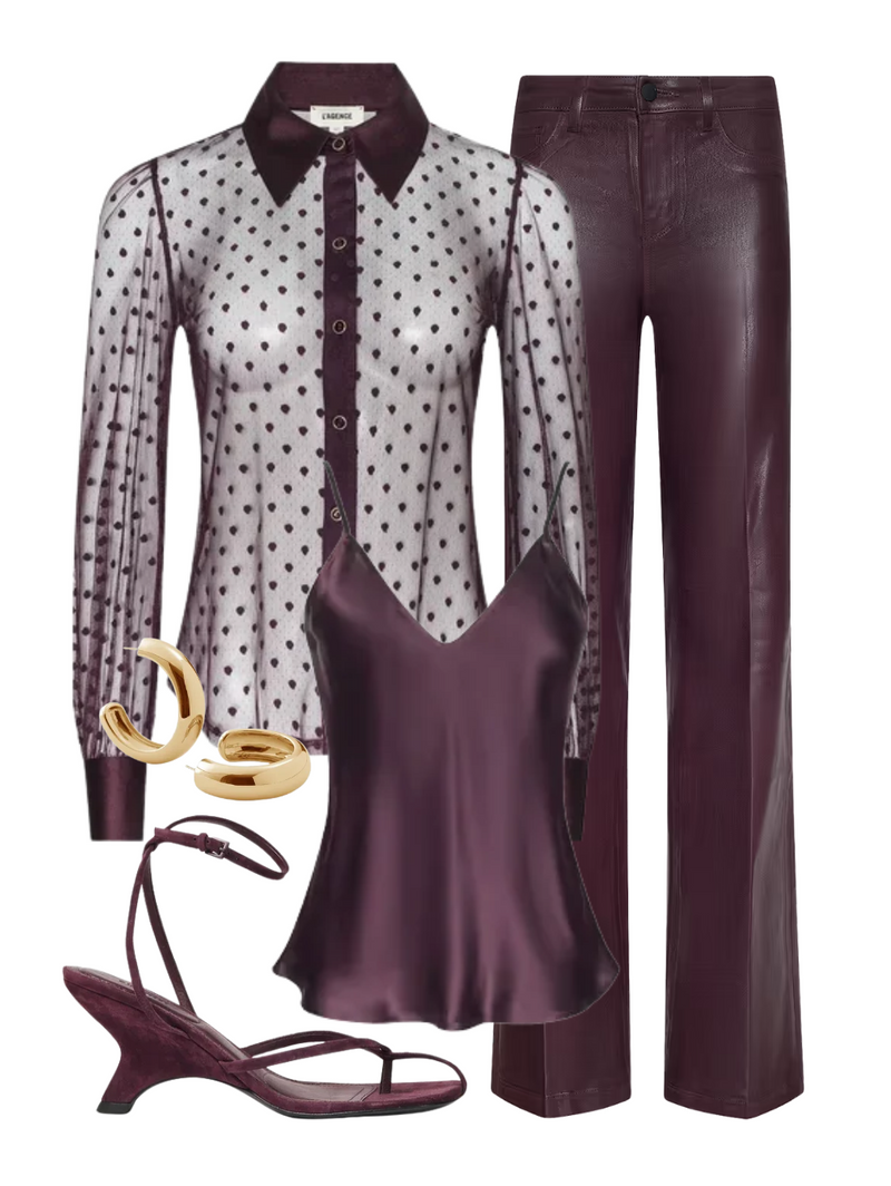 A complete styled outfit consisting of Kelsey Suede Strappy Wedge in Fig, Sophie Long Sleeve Blouse in Deep Sangria Swiss Dot, Lexi Camisole in Deep Sangria, Clayton High Rise Wide Leg Pant in Deep Sangria Coated, Large Gia Hoops in High Polish Gold — Shop The Look — AMY Atelier