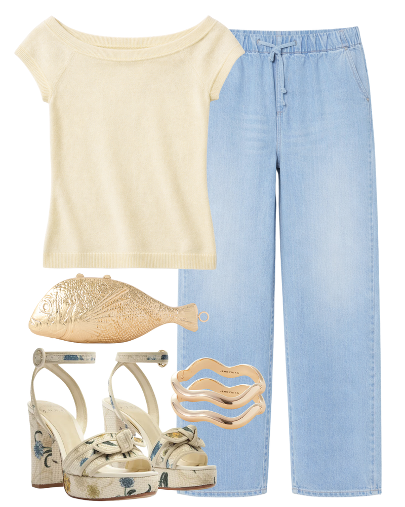 A complete styled outfit consisting of Splash Metal Clutch, Off Shoulder Top in Lemonade, SNACKS! The Buffet Nerdy Pant Sugar Rush, Grosgrain Raffia Platform 120 Laguna, Ola Bangle in Gold — Shop The Look — AMY Atelier