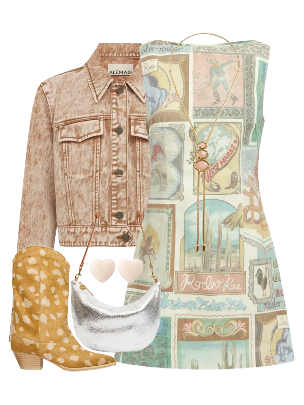 A complete styled outfit consisting of Andie Denim Mini Dress, Spur Denim Jacket, Lune Lamba Bag in Silver, Loretta Boot in Spotted Haircalf, Love Earring in Latte Marble, The Merriam Bolo with Rose Quartz in Gold — Shop The Look — AMY Atelier